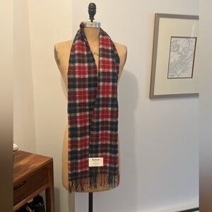 Barbour Red and Navy Plaid Tartan lambswool Fringe Scarf